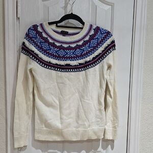 Talbots Women's Cream and Blue Patterned Sweater Size S.